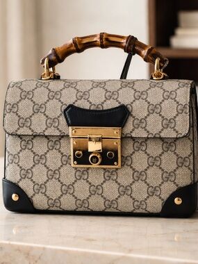 Gucci Beige GG Supreme Canvas Crossbody with Black Trim & Bamboo Handle